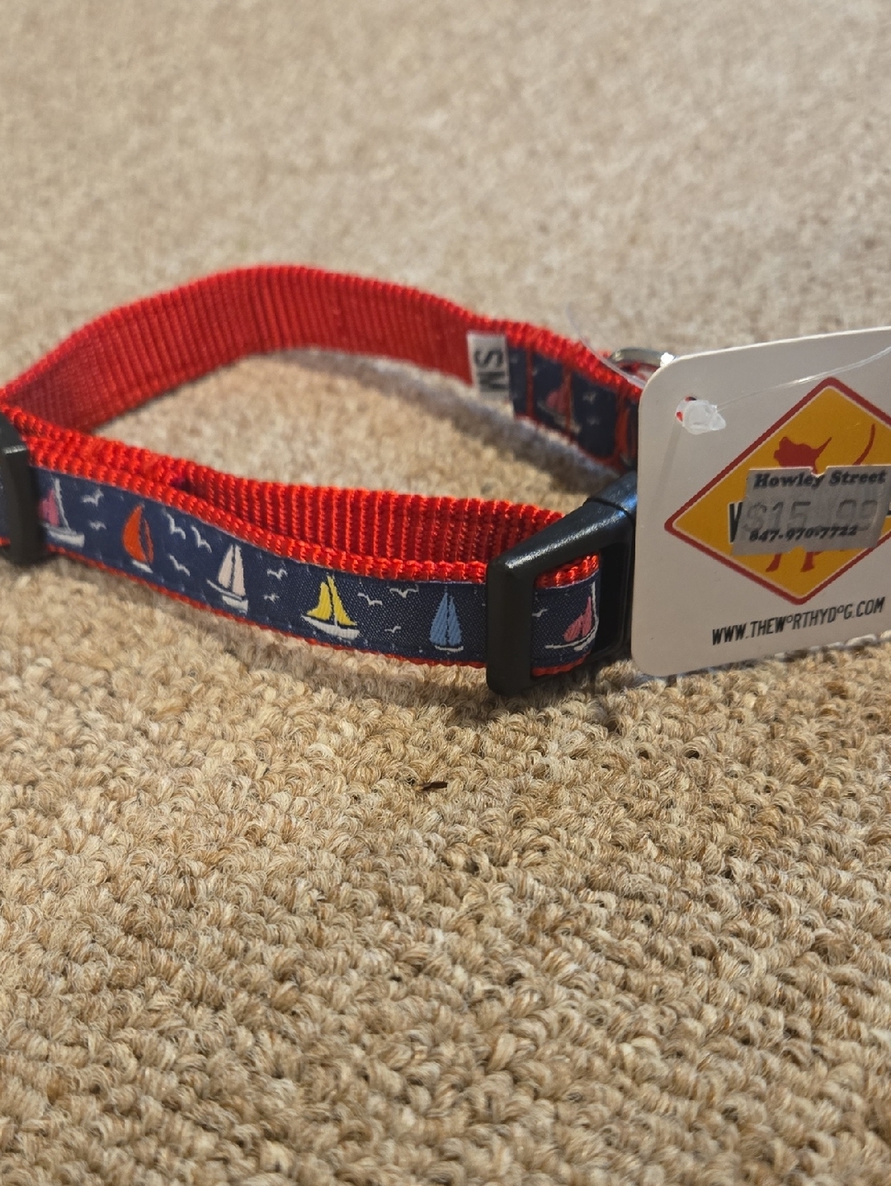 New Worthy DOG Navy Sailboat Dog Collar with Red Trim Size Small
